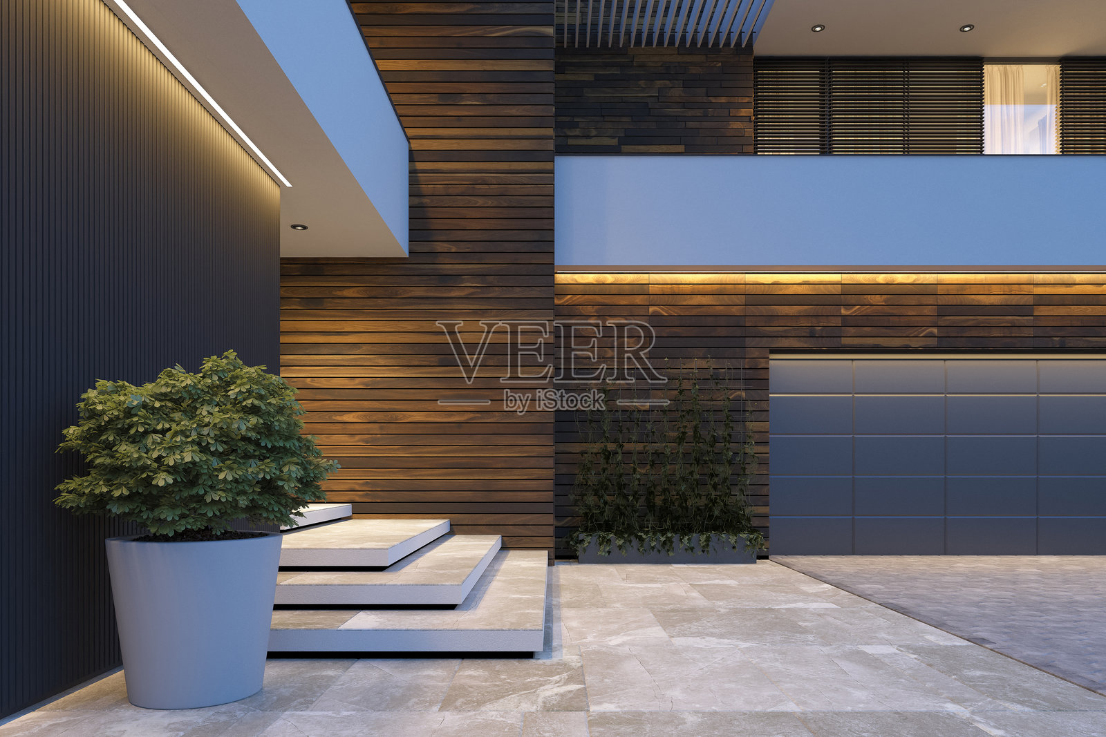 现代奢华别墅,黑色与木质面板,带花园。照片摄影图片