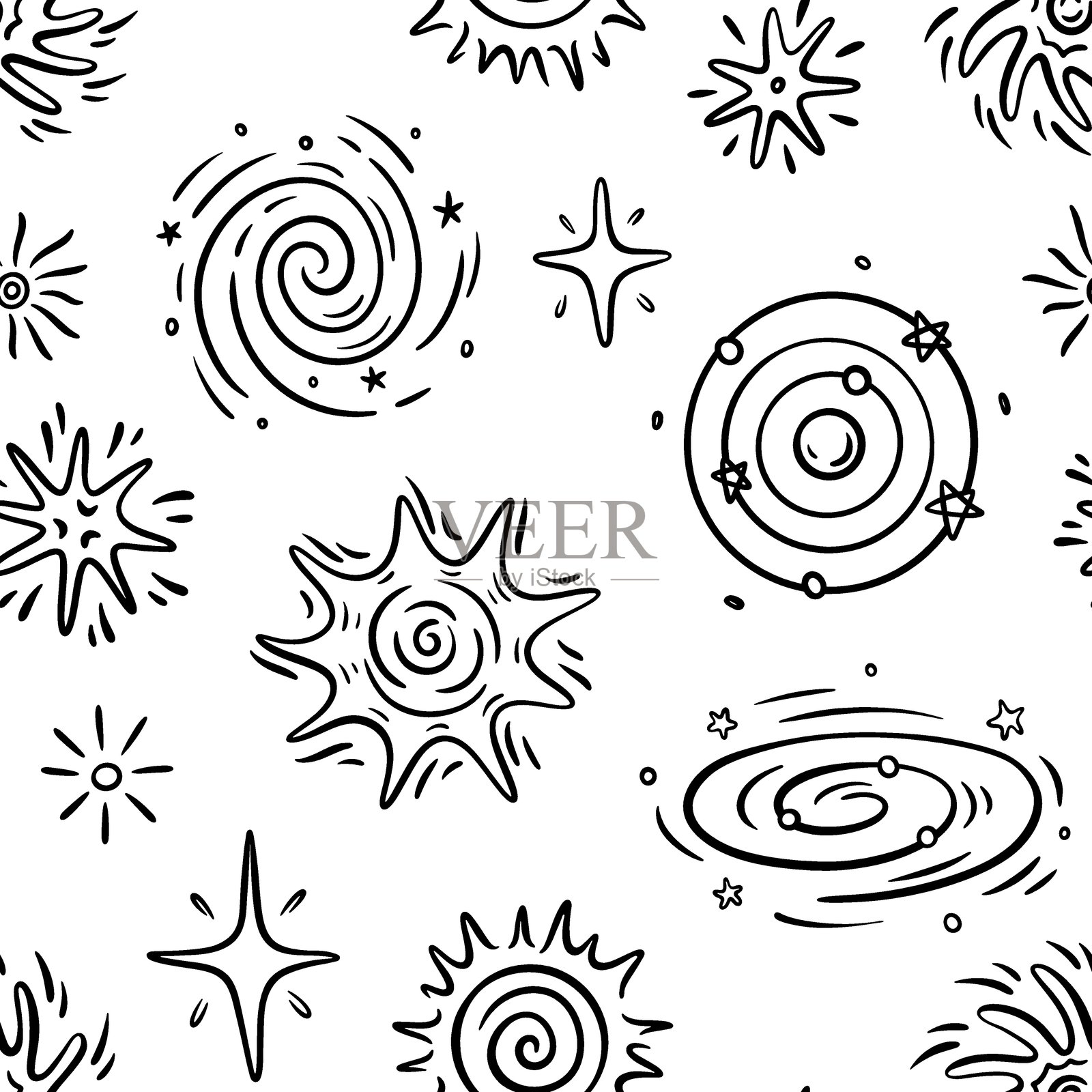 矢量卡通太空无缝图案。手绘涂鸦太空背景,包含银河、星星、太阳和黑洞。插画图片素材