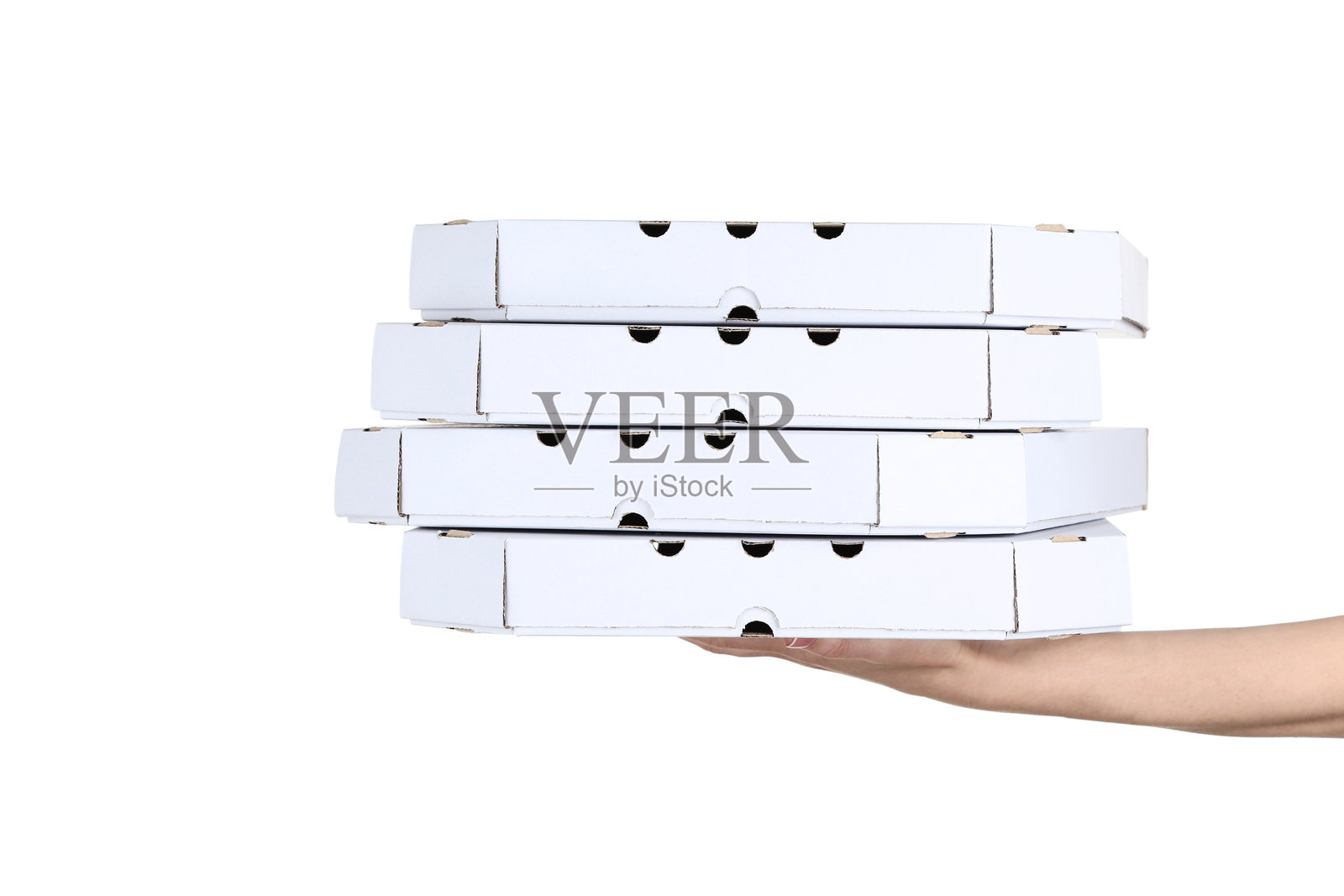 女性手持披萨盒,背景为白色照片摄影图片