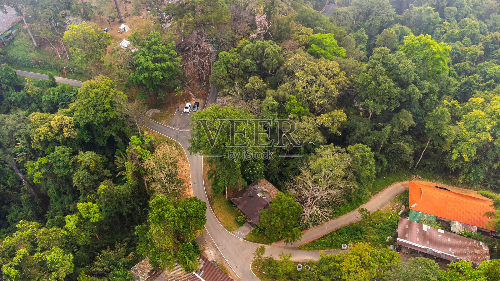 泰国北部蜿蜒森林道路和建筑的鸟瞰图照片摄影图片