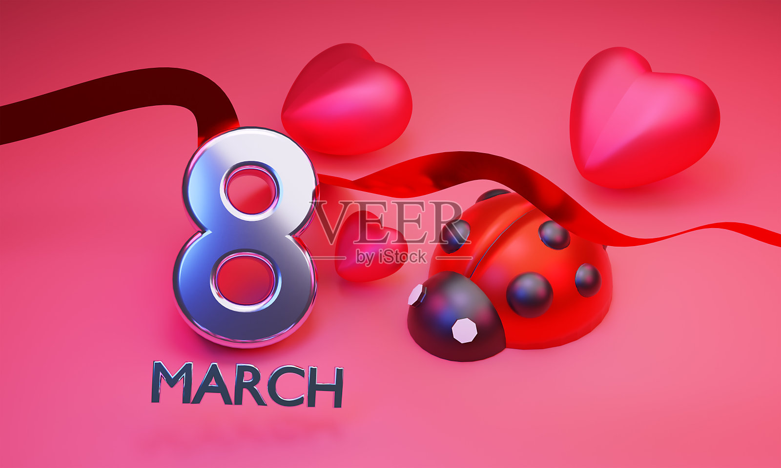 女性节背景,带有3D数字8、心形和优雅的丝带。3D渲染。照片摄影图片