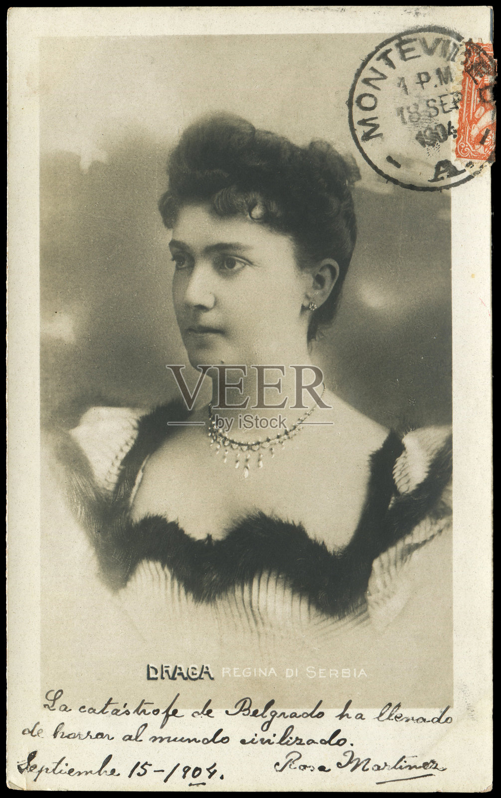 一张1900年代的塞尔维亚女王德拉加的复古明信片,适合用于任何历史事件背景。照片摄影图片