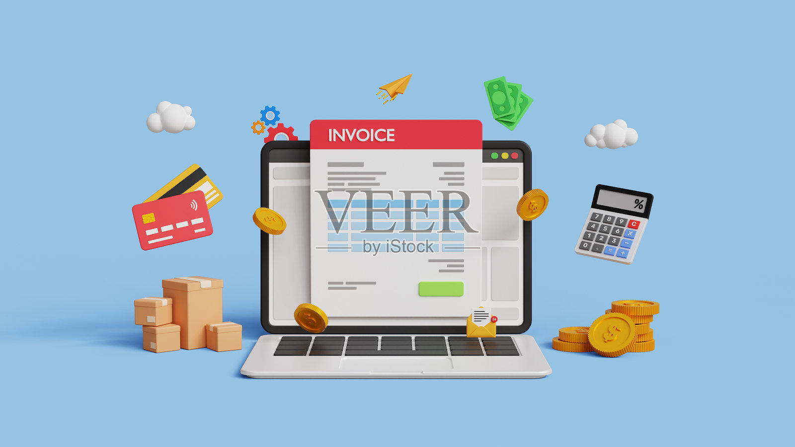 电子发票,数字报表软件。财务支付系统,会计,账单,价格或税务计算,商业报价和收据概念。3D笔记本电脑与发票文件。照片摄影图片