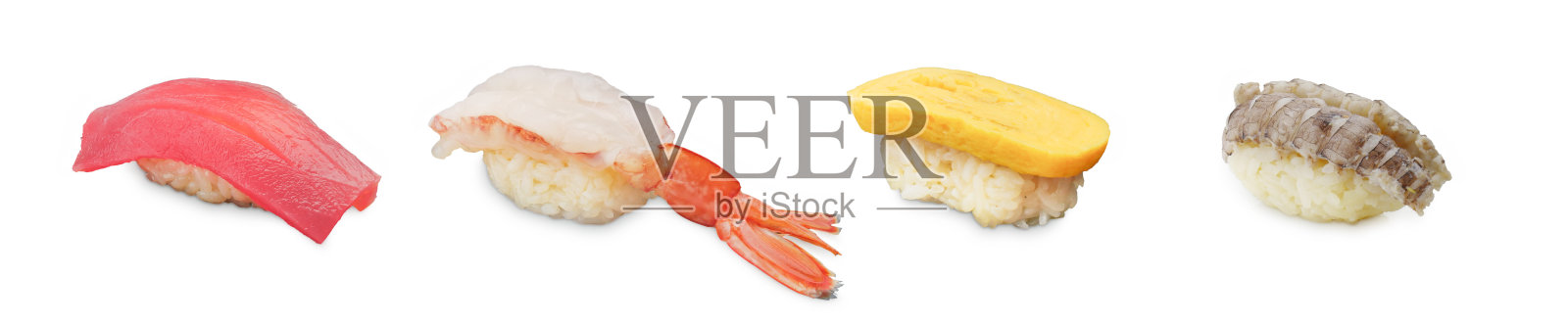 各种类型的握寿司在白色背景上照片摄影图片