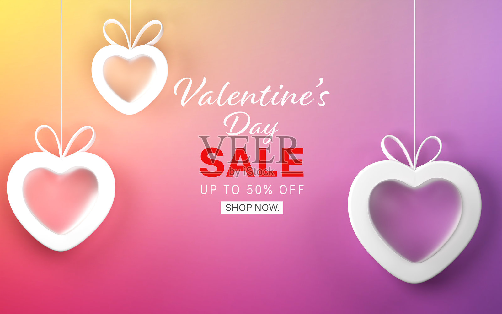 情人节促销横幅上挂着3D心形和玻璃心形,照片摄影图片