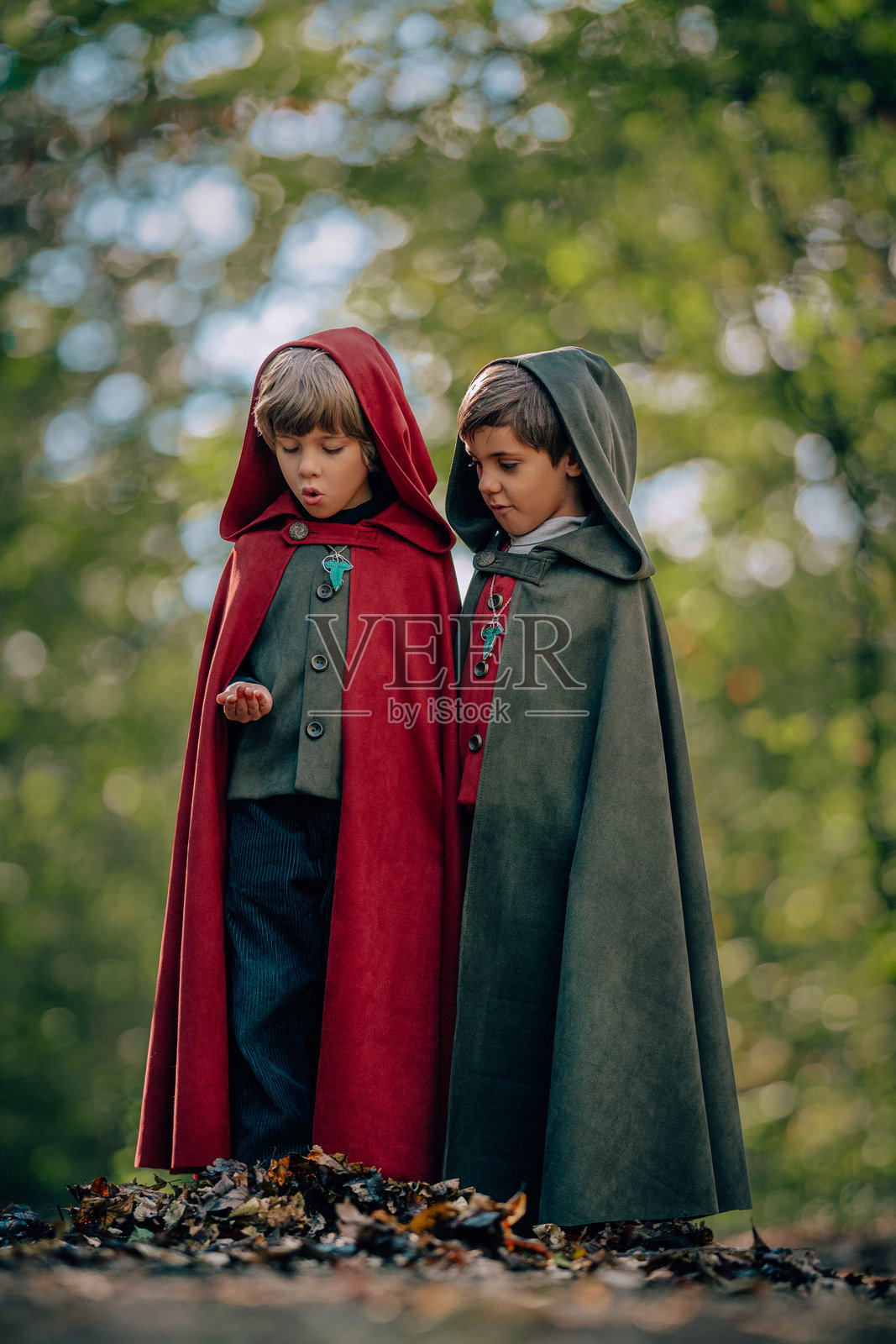 穿着斗篷服装的霍比特男孩在绿色森林中手持戒指。奇幻之旅,万圣节,兄弟会角色扮演。照片摄影图片