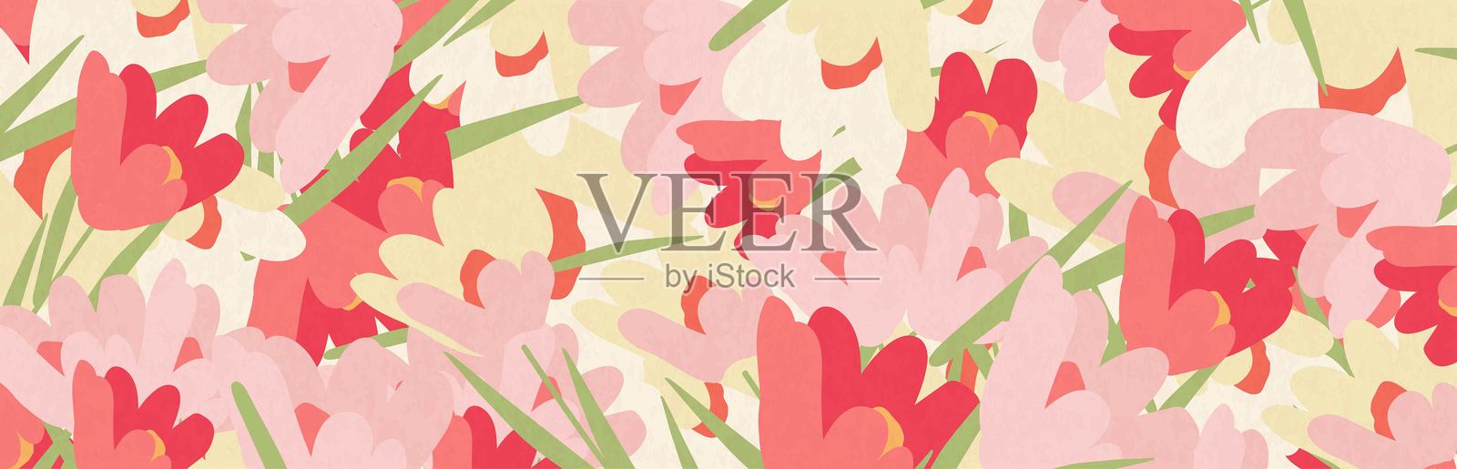 春季背景,带有花朵和叶子,适用于社交媒体帖子、横幅设计和明信片。春季多彩花卉设计模板。插画图片素材