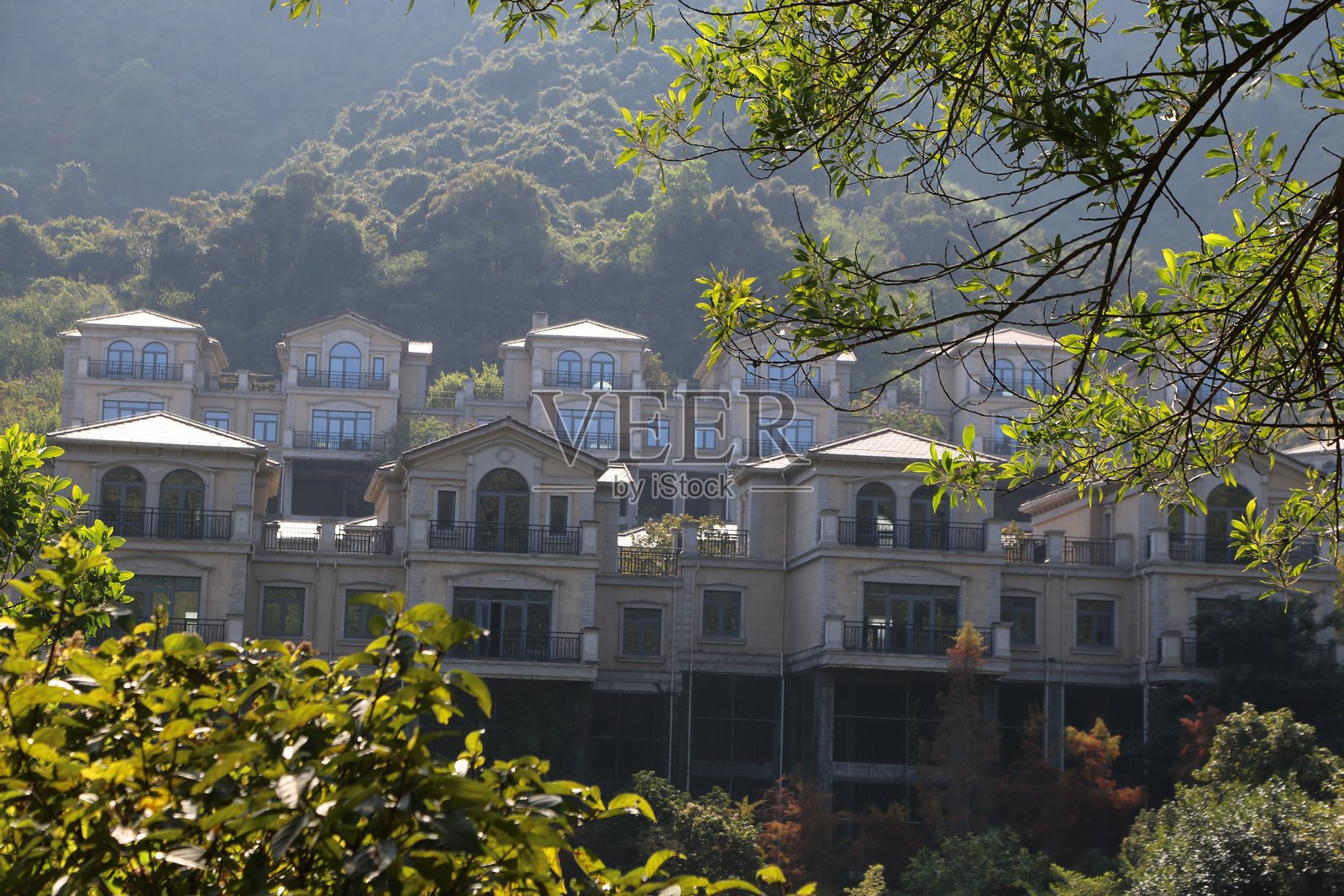 一大群法式建筑风格的豪华联排别墅,位于庐山的山区,四周环绕着绿树。照片摄影图片