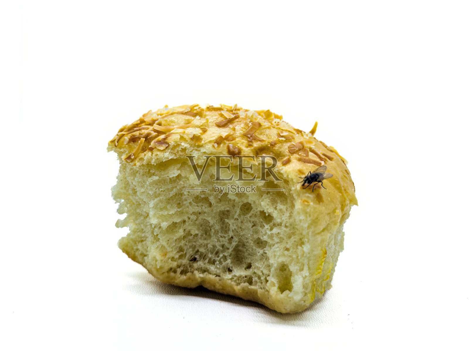 部分吃掉的面包卷特写,上面有撕碎的奶酪和一只苍蝇。美味的面包与意外出现的苍蝇的混合。照片摄影图片