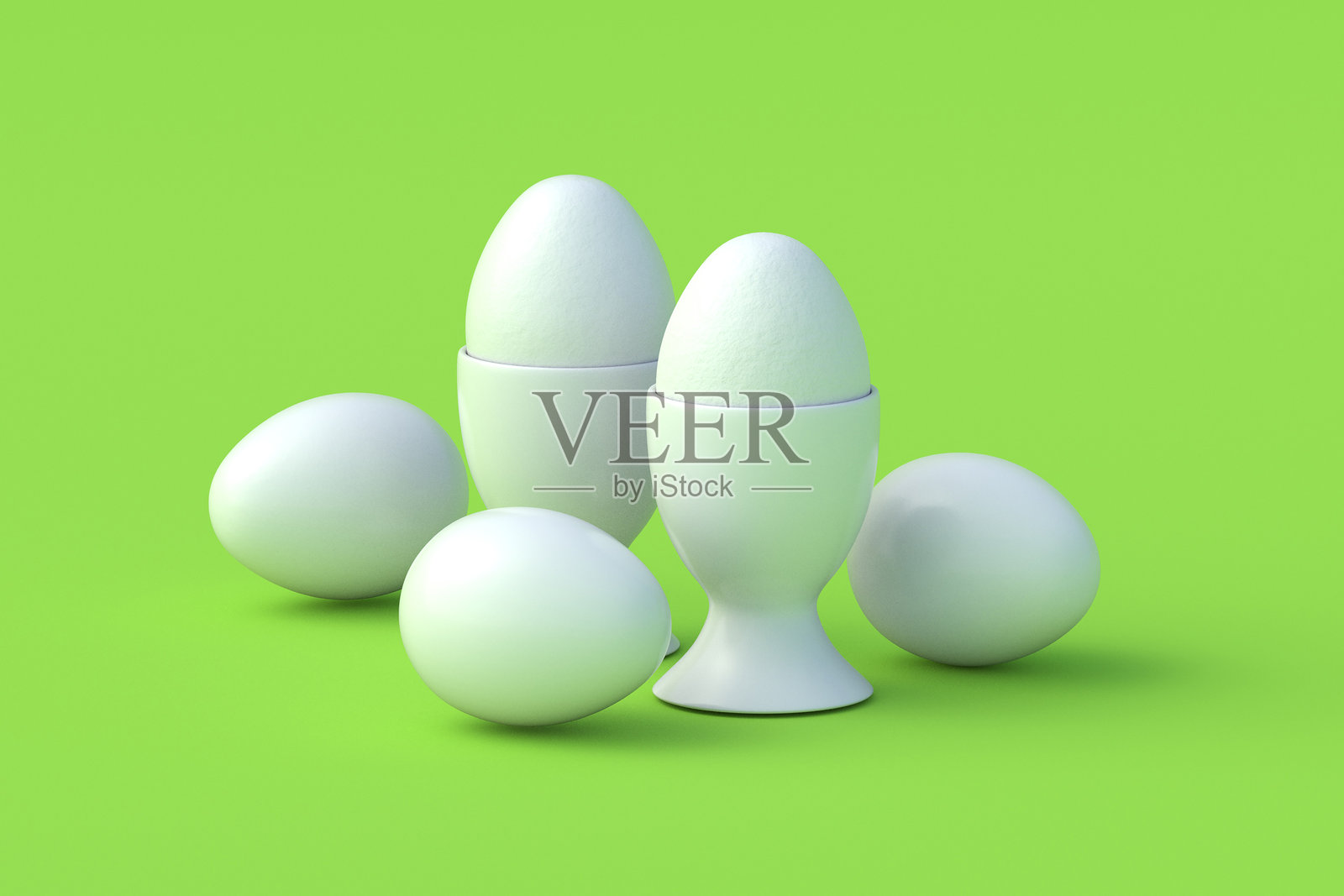 绿色背景上散落的蛋和蛋架。天然食品。厨房用具。3D渲染。照片摄影图片