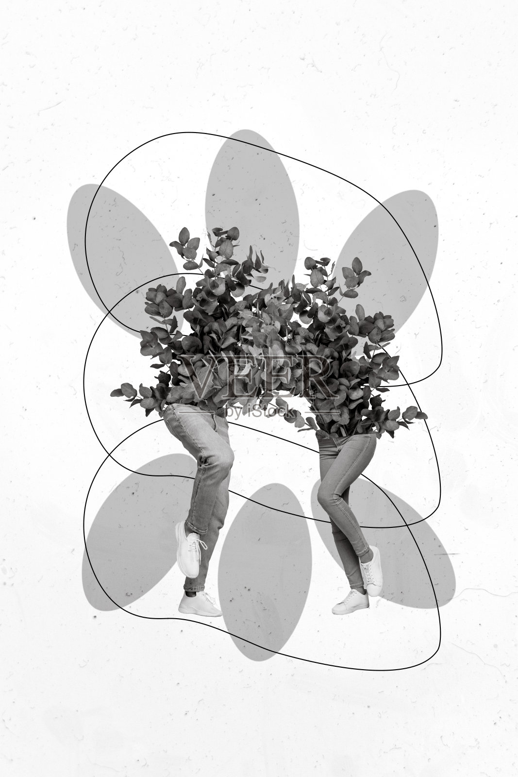 极简风格的人物拼贴艺术作品,野生植物代替身体,孤立的绘画背景照片摄影图片