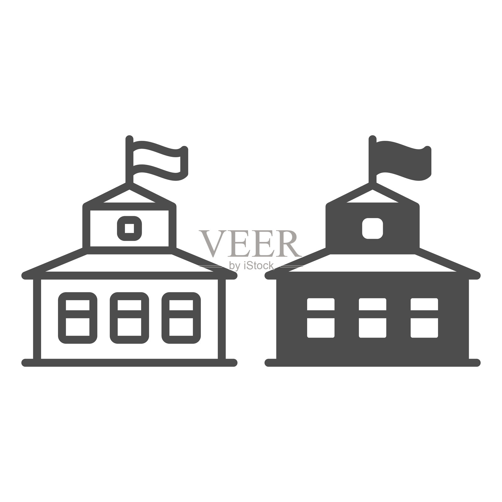 带有旗帜线条和实心图标的酒馆建筑,西部沙漠概念。矢量图形。古老的美式房屋标志,白色背景上的轮廓风格图标,适用于移动或网页设计。插画图片素材