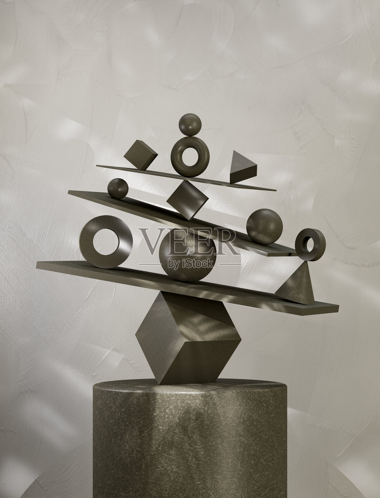 黑色讲台上的平衡几何形状,背景为灰色,平衡与团队合作概念照片摄影图片