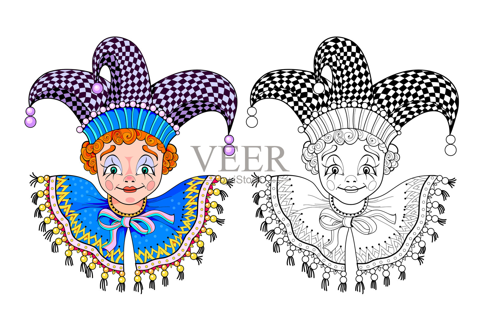 儿童涂色书的彩色和黑白模板。美丽的小丑玩偶的画作。适合儿童和成人的工作表。手绘矢量插图。插画图片素材