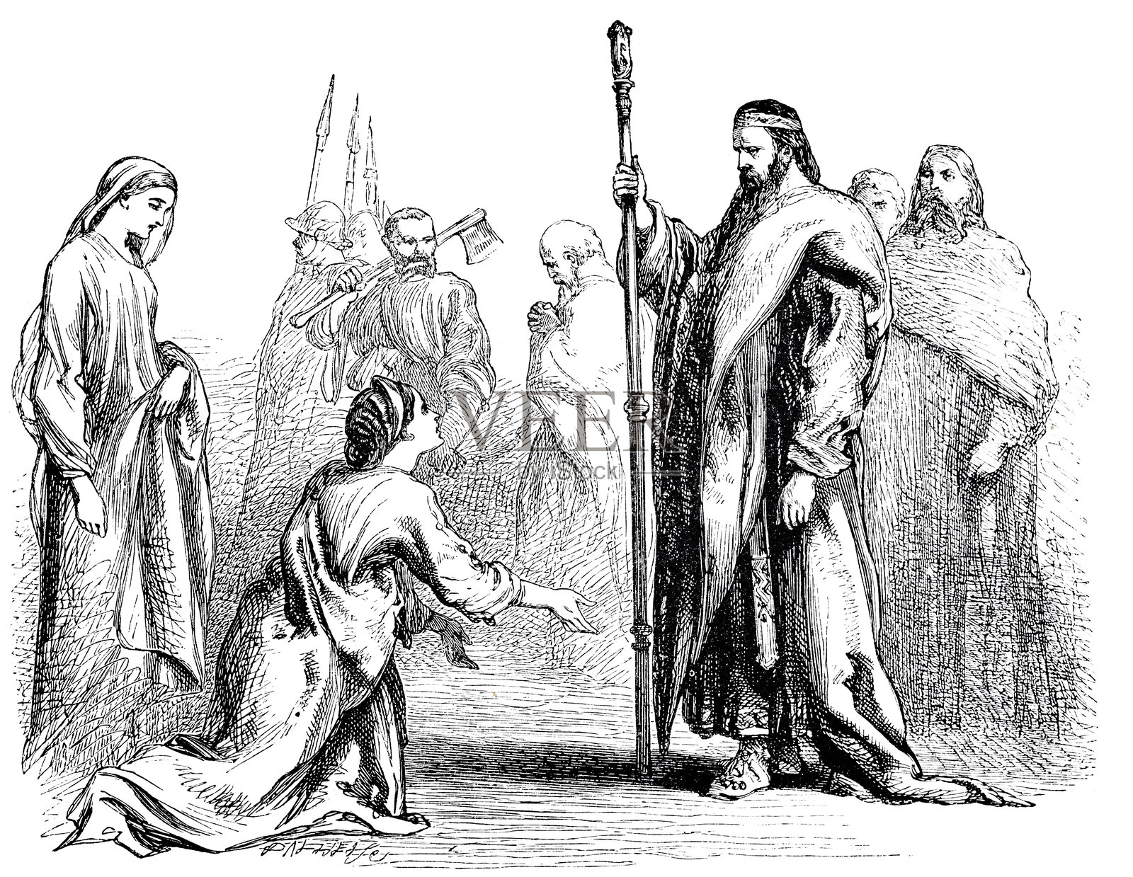 莎士比亚的戏剧《错误的喜剧》,一位女性跪在权威面前插画图片素材