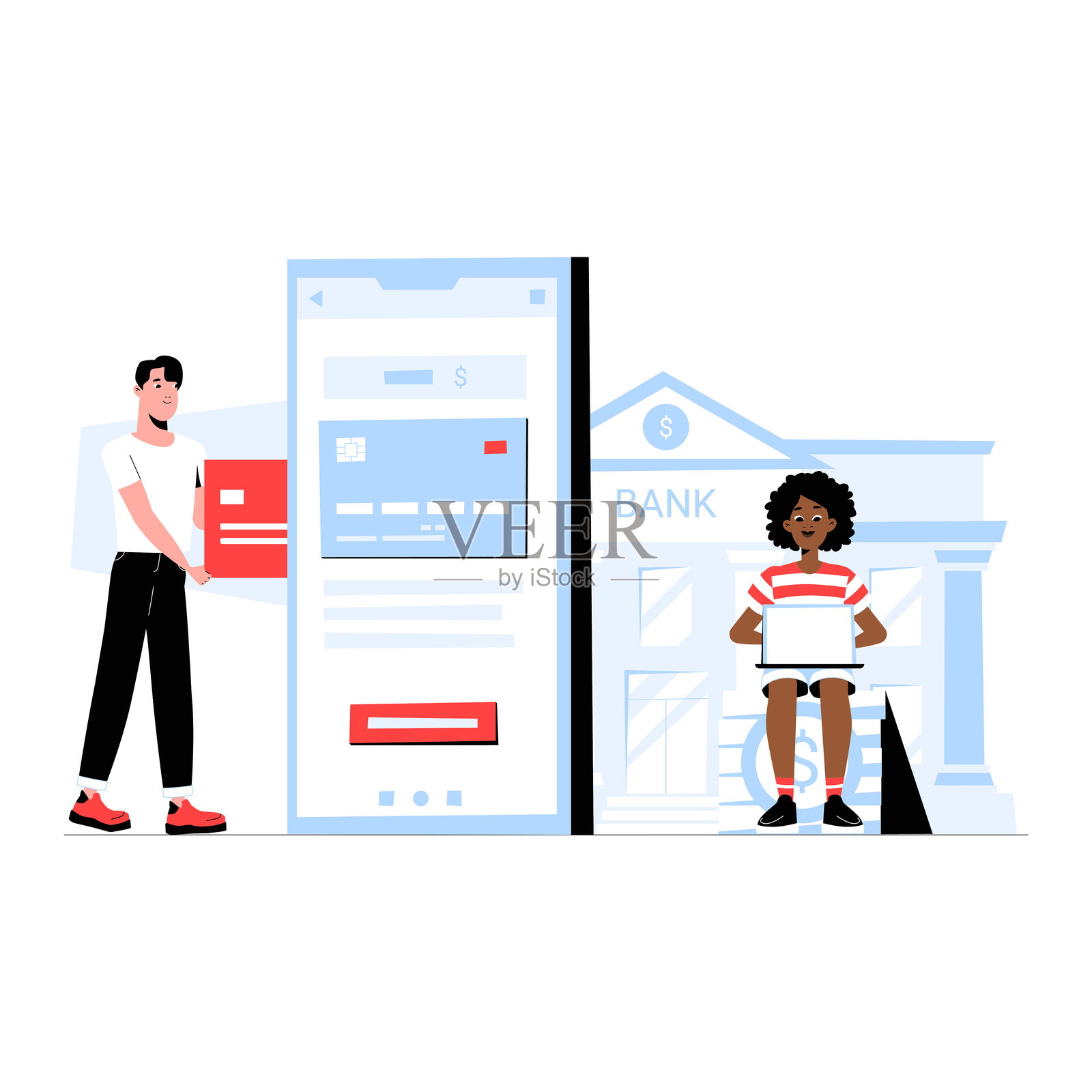 男性银行客户与女性顾问讨论银行交易。关于数字支付、金融服务和资金转移的扁平矢量插图,背景为白色。插画图片素材