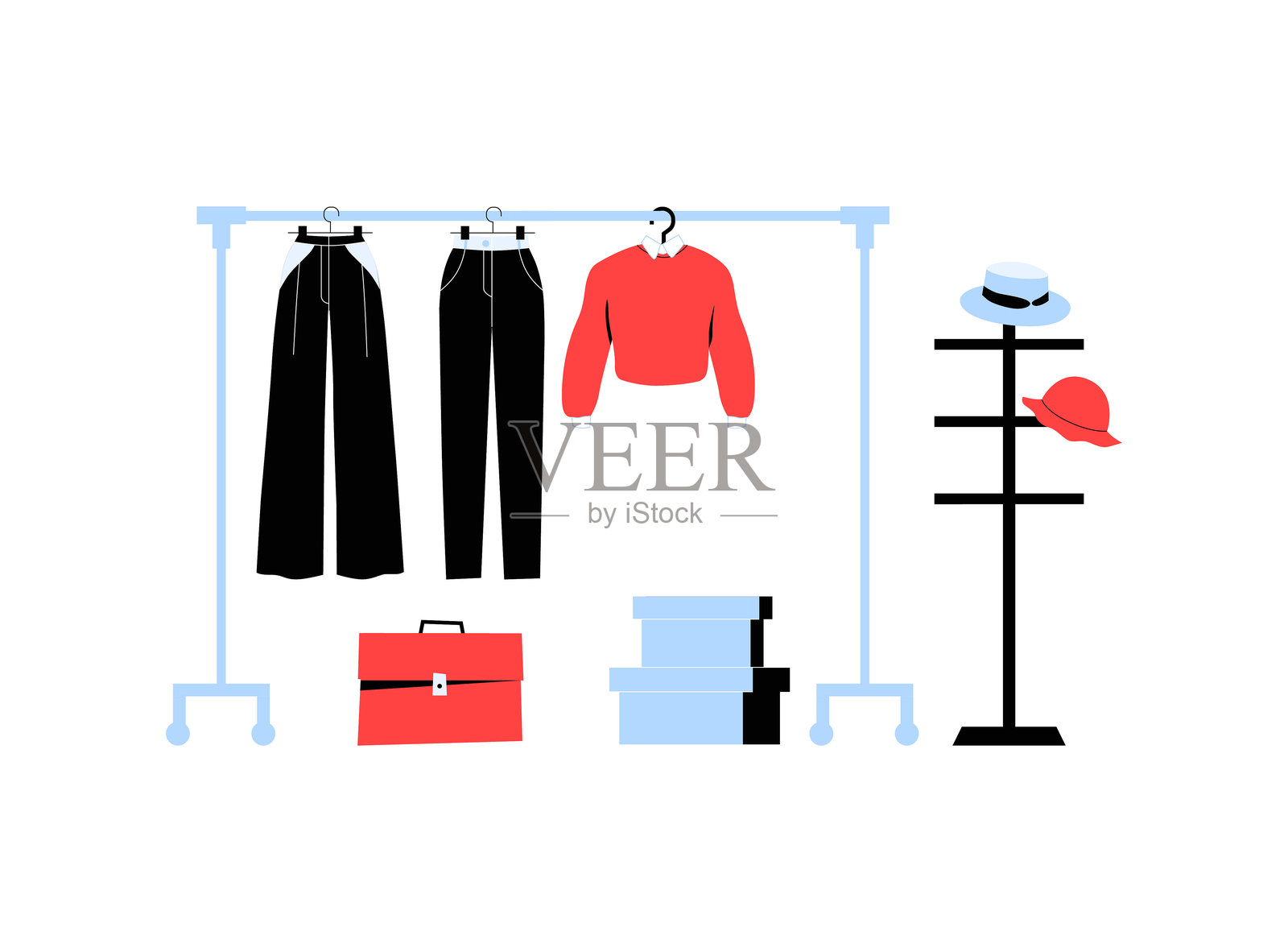 衣架上挂着裤子、红色毛衣、帽子和配饰的扁平矢量插图,象征着时尚、衣橱整理和购物,背景为白色。插画图片素材