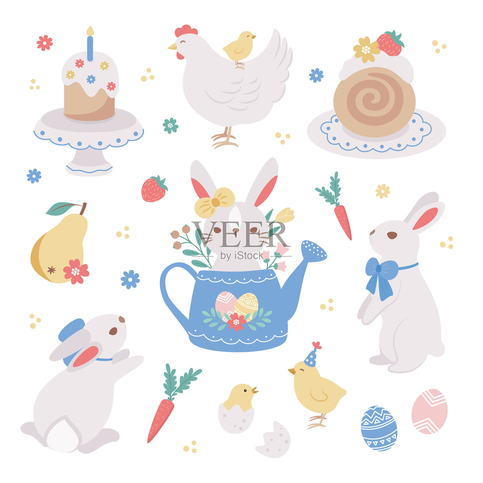 复活节插图集:彩蛋、兔子、小鸡、鸡、胡萝卜、复活节面包、杯子蛋糕、花朵插画图片素材