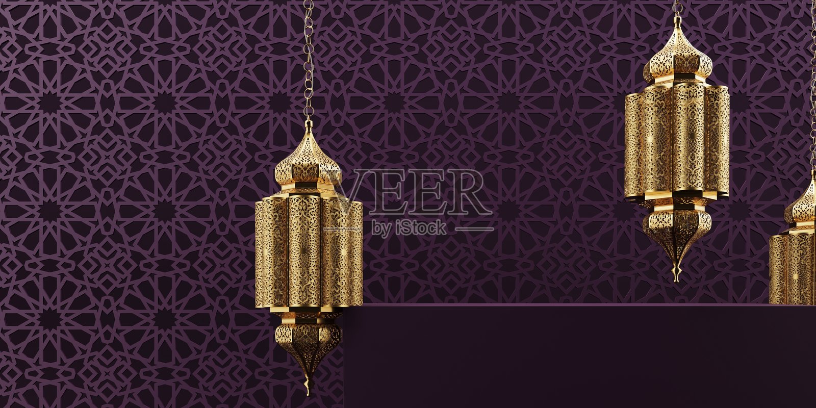 金色阿拉伯灯笼放置在装饰性讲台上,背景是复杂的几何图案 - 3D渲染。照片摄影图片