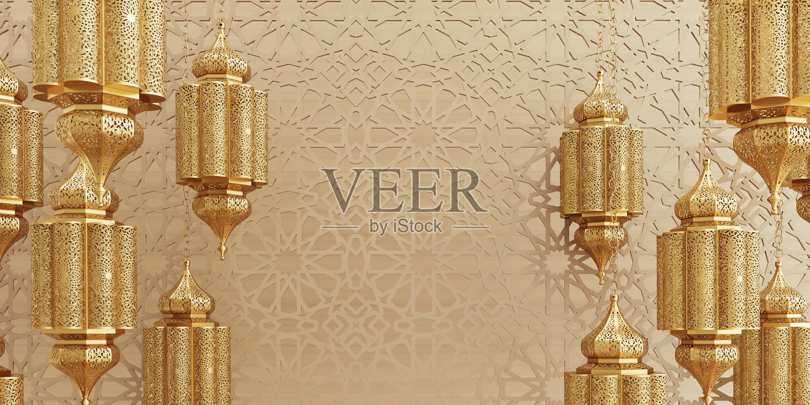 金色阿拉伯灯笼放置在装饰性讲台上,背景是复杂的几何图案 - 3D渲染。照片摄影图片