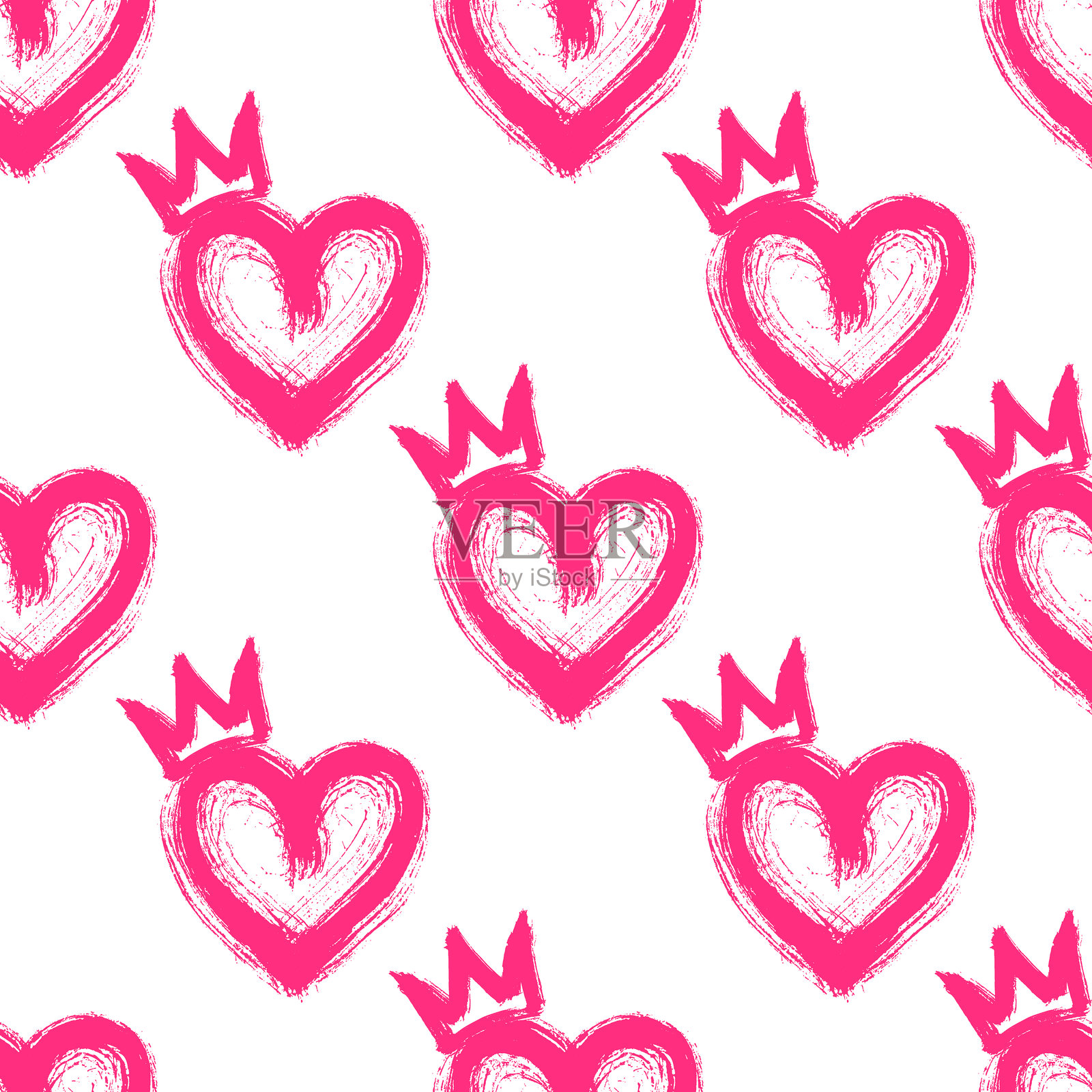 无缝图案,特色手绘心形与皇冠,采用大胆而富有表现力的笔触风格。插画图片素材