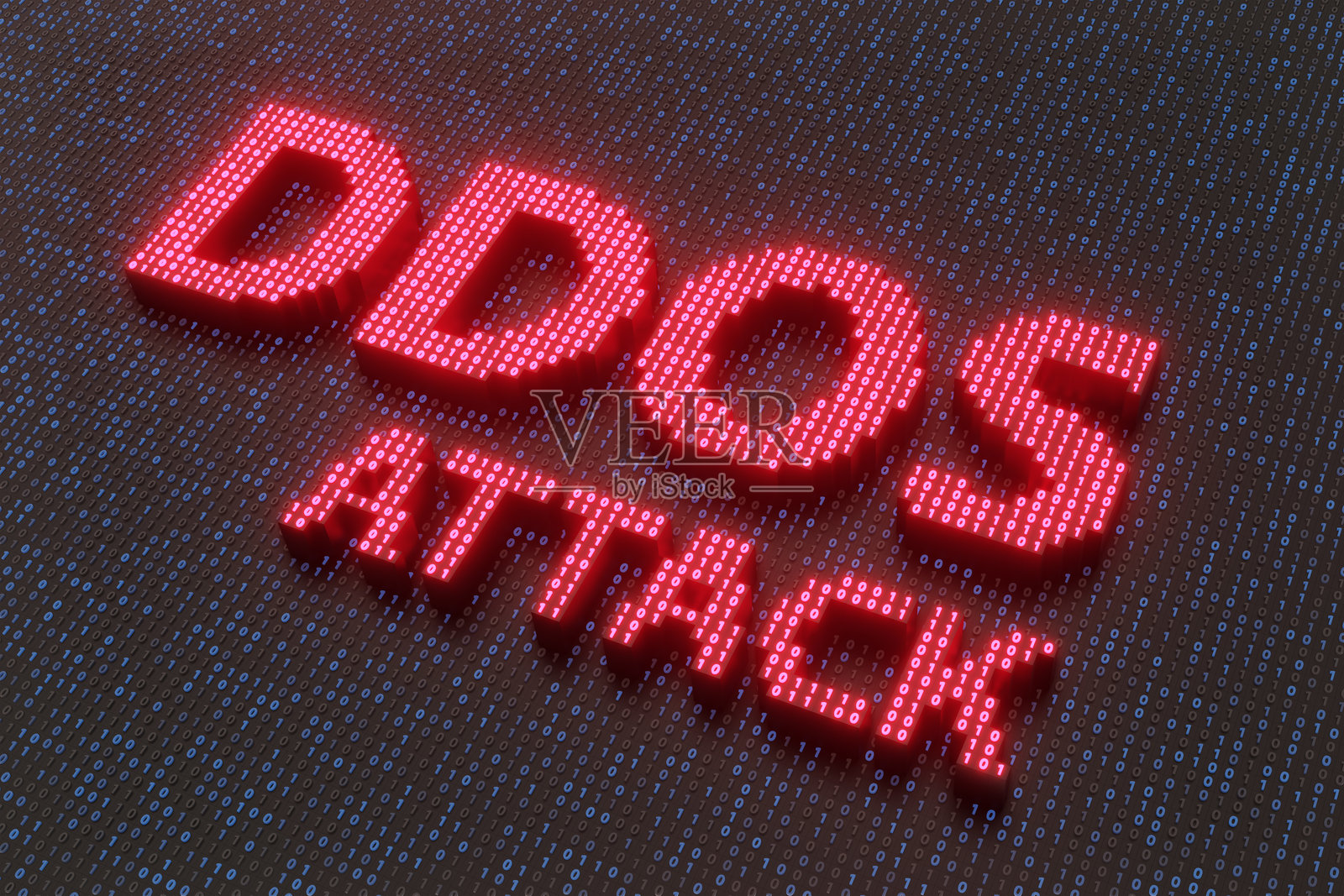 红色发光字母“DDOS ATTACK”从黑色方块的二进制代码网格中突出。插图展示了计算机黑客、网络攻击和网络安全的概念。照片摄影图片