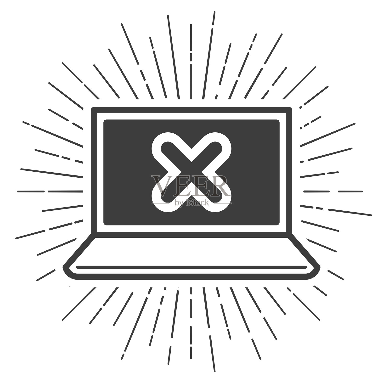 带有交叉标记的笔记本电脑。白色背景上的太阳光辉图标插画图片素材