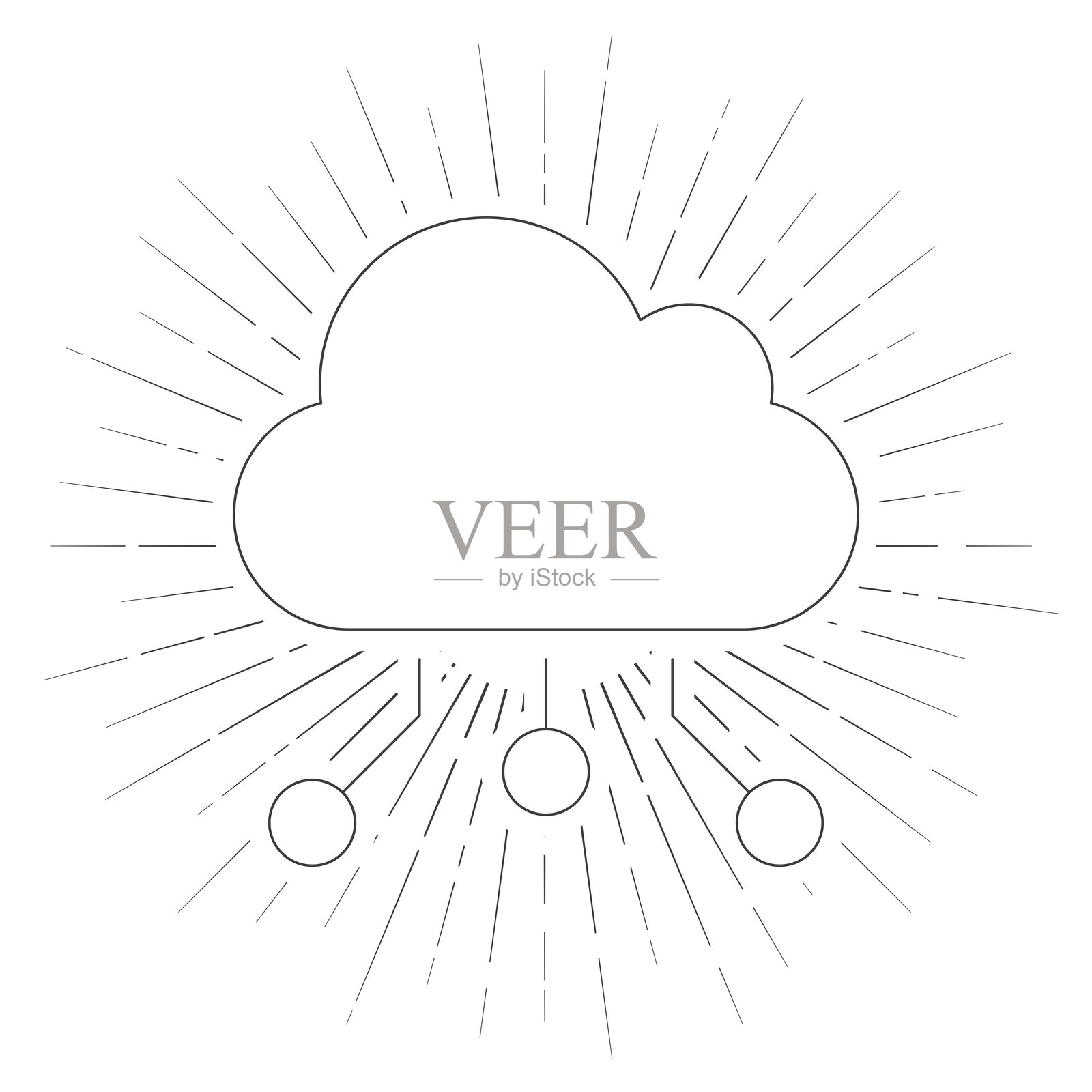 云计算。白色背景上的线条图标与阳光辐射插画图片素材