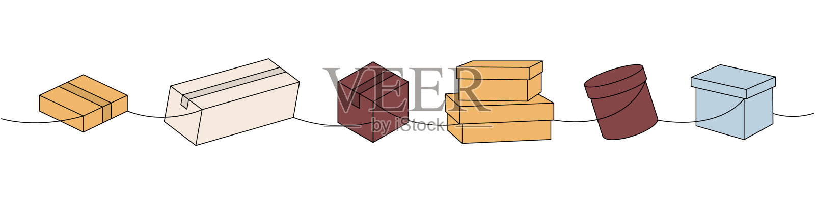 交付箱子一线彩色连续画。货物箱子。矢量插图。插画图片素材