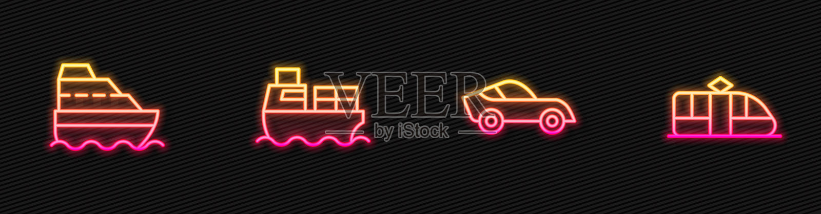发光霓虹图标:汽车、游轮、装有箱子的货物运输、电车和铁路。矢量图。插画图片素材