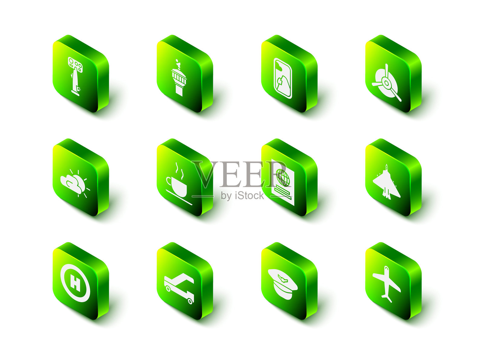 雷达、飞机窗户、飞机螺旋桨、喷气式战斗机、护照、飞行员帽和乘客登机梯图标。矢量图。插画图片素材