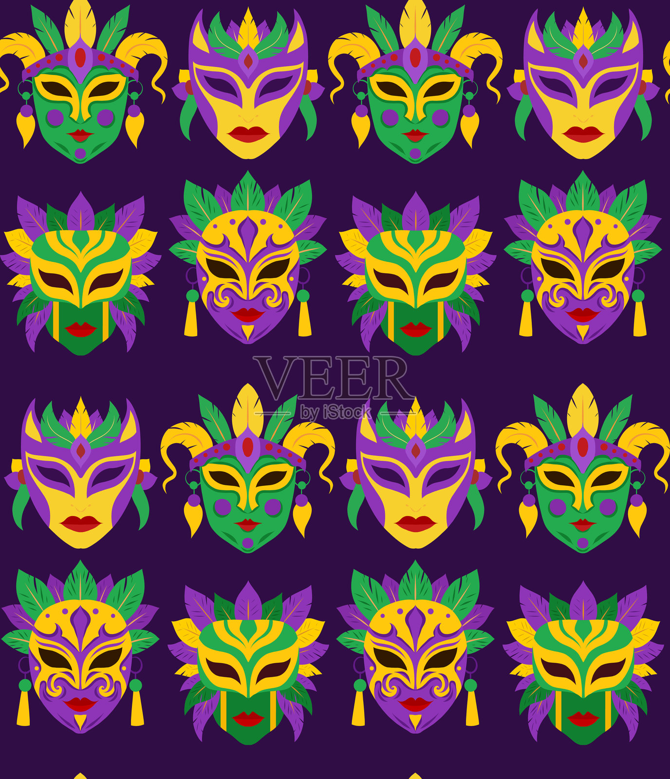 紫色背景上的马尔迪格拉面具无缝矢量图案,平面风格。肥星期二背景。带有多彩狂欢节面具的纹理。插画图片素材