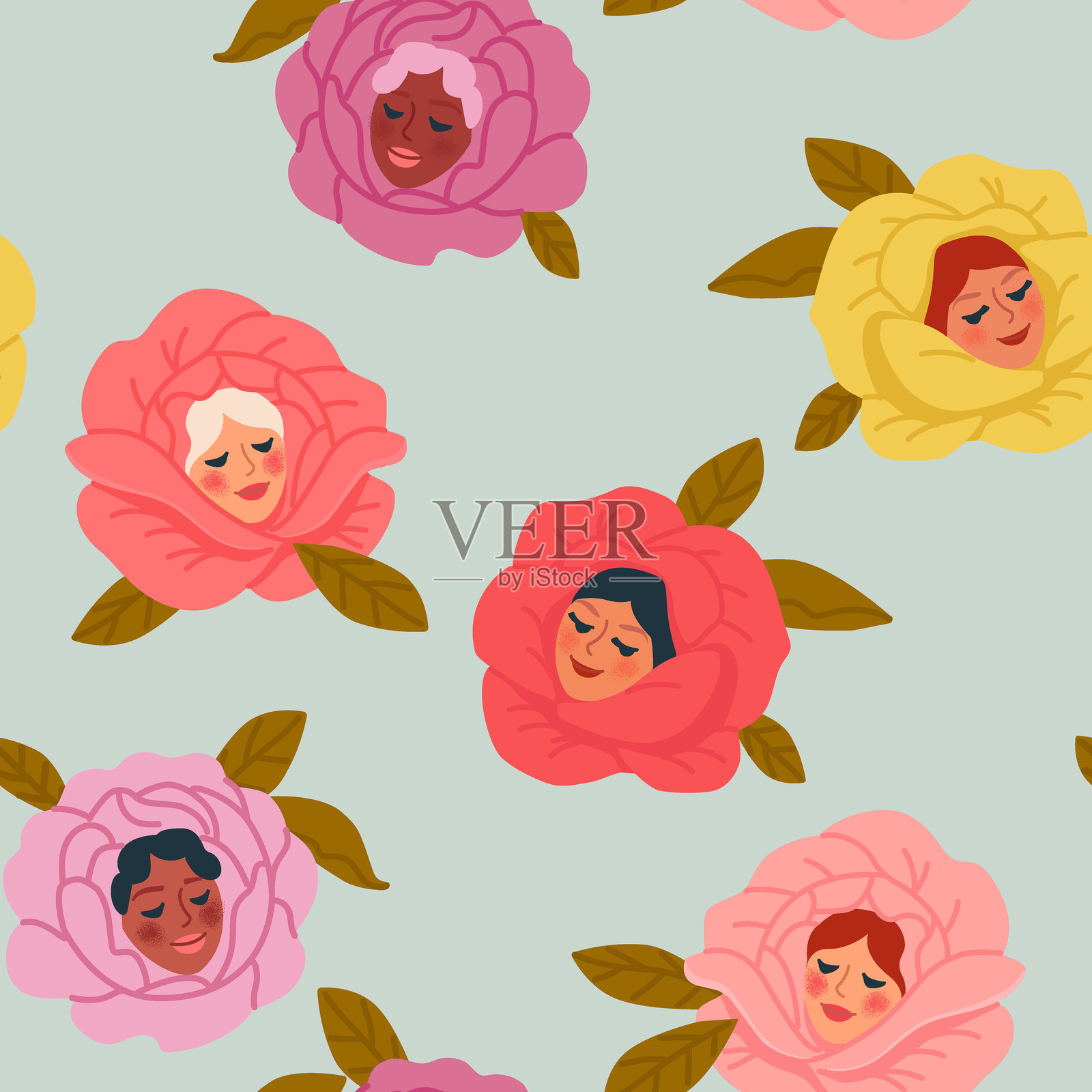 玫瑰花。盛开着可爱女性面孔的花朵。花朵与美丽女性肖像的绽放。矢量无缝图案。插画图片素材
