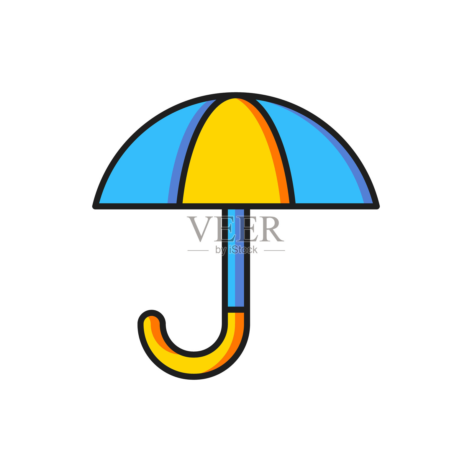 经典优雅的打开伞图标,背景为白色。雨天保护符号。扁平填充轮廓风格,带阴影。矢量图。插画图片素材