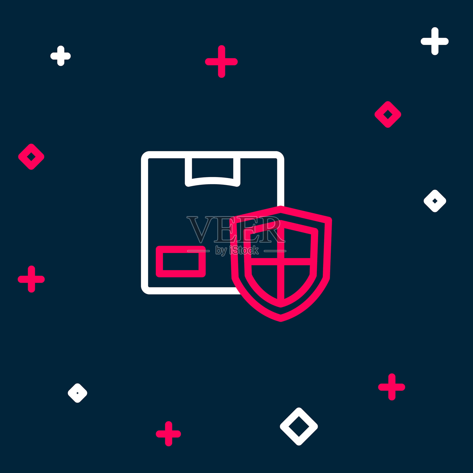 交付安全,带有盾牌图标,背景为蓝色。交付保险。保险的纸箱在盾牌之外。彩色轮廓概念。矢量图。插画图片素材