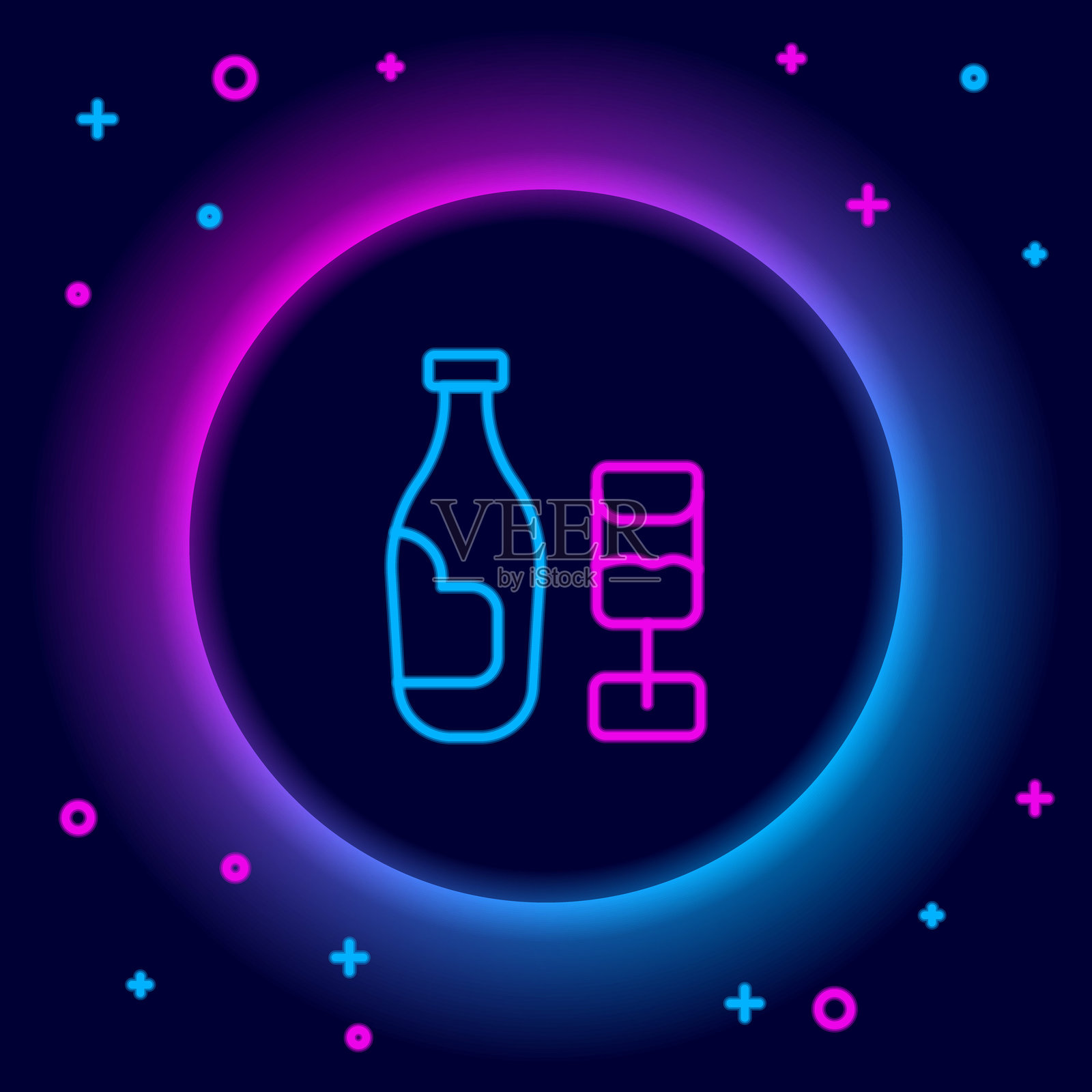 发光的霓虹线酒瓶与酒杯图标,背景为黑色。彩色轮廓概念。矢量图。插画图片素材