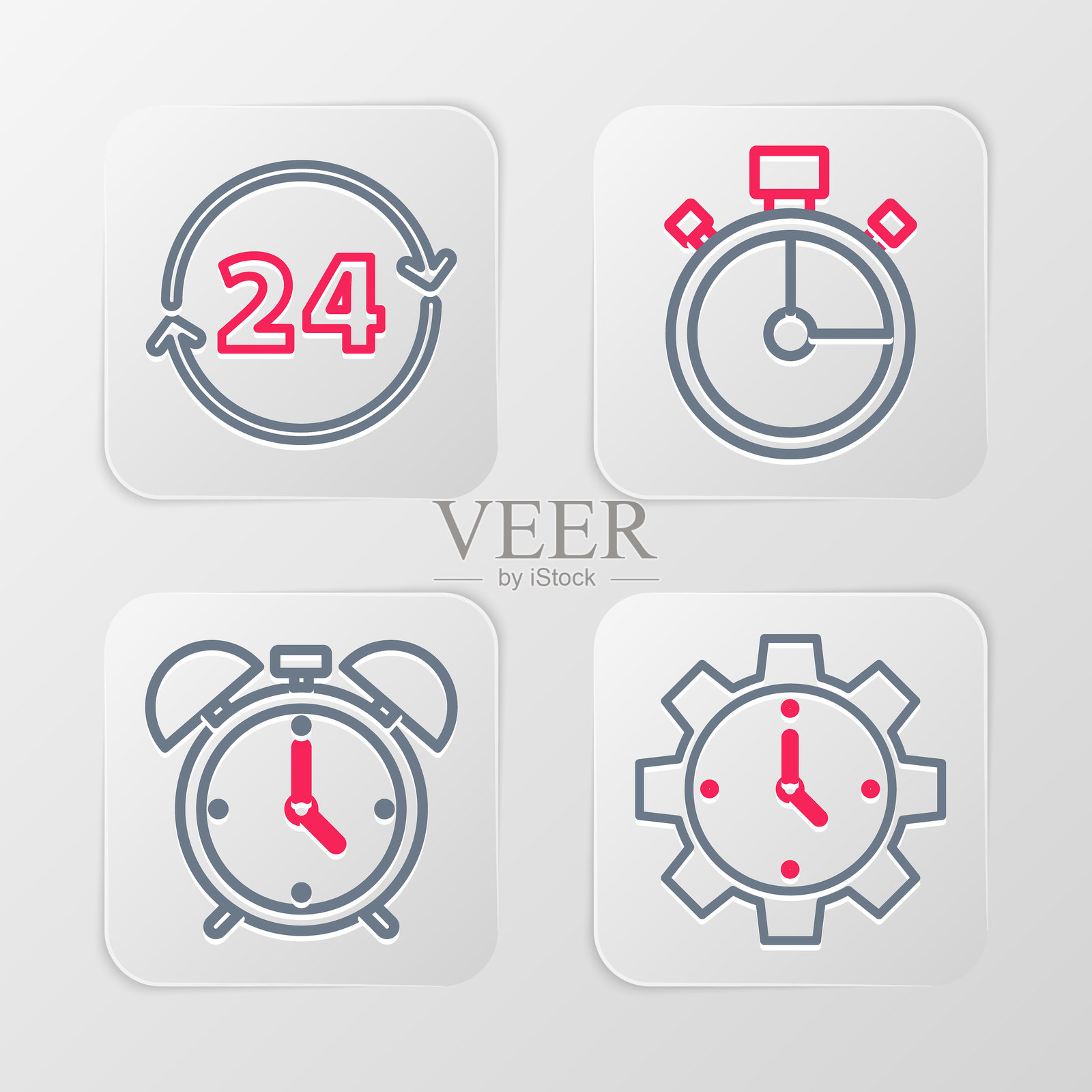 时间管理、闹钟、秒表和24小时钟图标。矢量图。插画图片素材