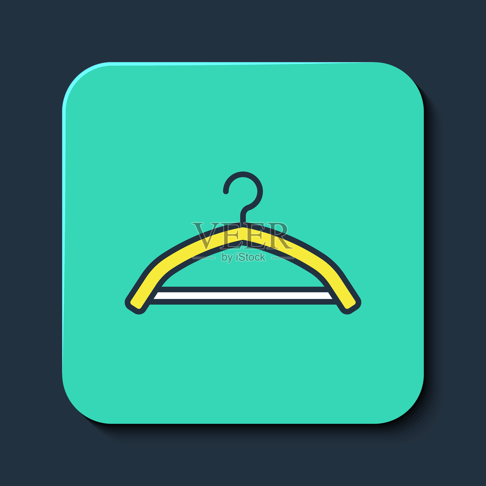 填充轮廓衣架衣橱图标,背景为蓝色。更衣室图标。服装服务符号。洗衣衣架标志。青绿色方形按钮。矢量图。插画图片素材