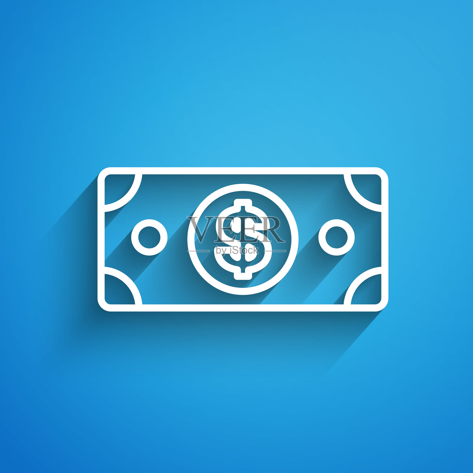 白色线条堆叠纸币现金图标,背景为蓝色。钞票堆。货币纸币。长阴影。矢量图。插画图片素材