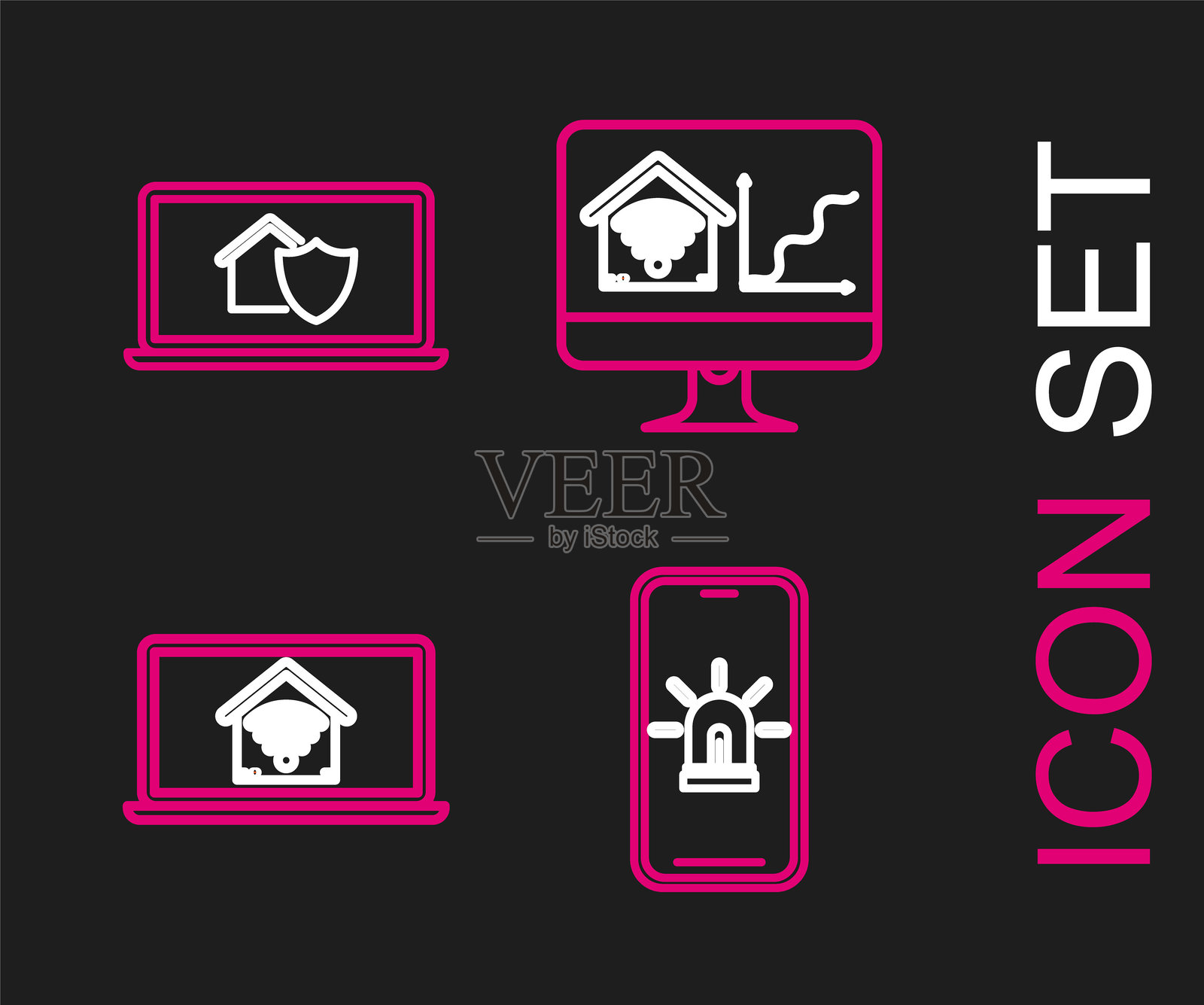 设置手机与智能家居和警报,笔记本电脑家庭Wi-Fi,计算机显示器和保护图标。矢量图。插画图片素材