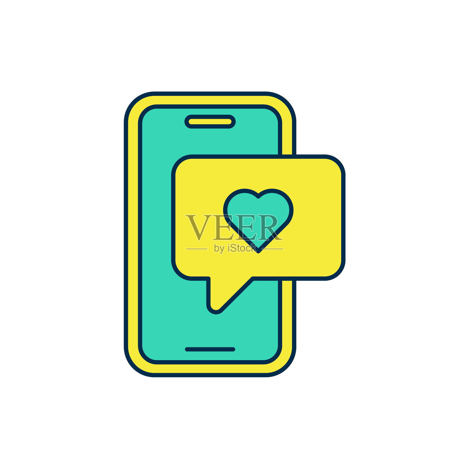 填充轮廓的智能手机,带有心形表情气泡,屏幕上显示消息图标,背景为白色。情人节。矢量图。插画图片素材