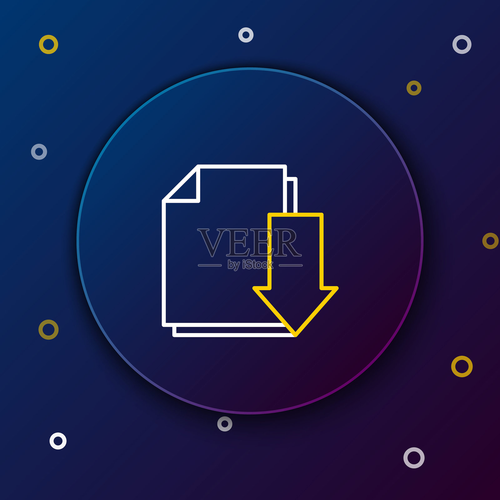带下载图标的线条文档,背景为蓝色。文件文档符号。彩色轮廓概念。矢量图。插画图片素材