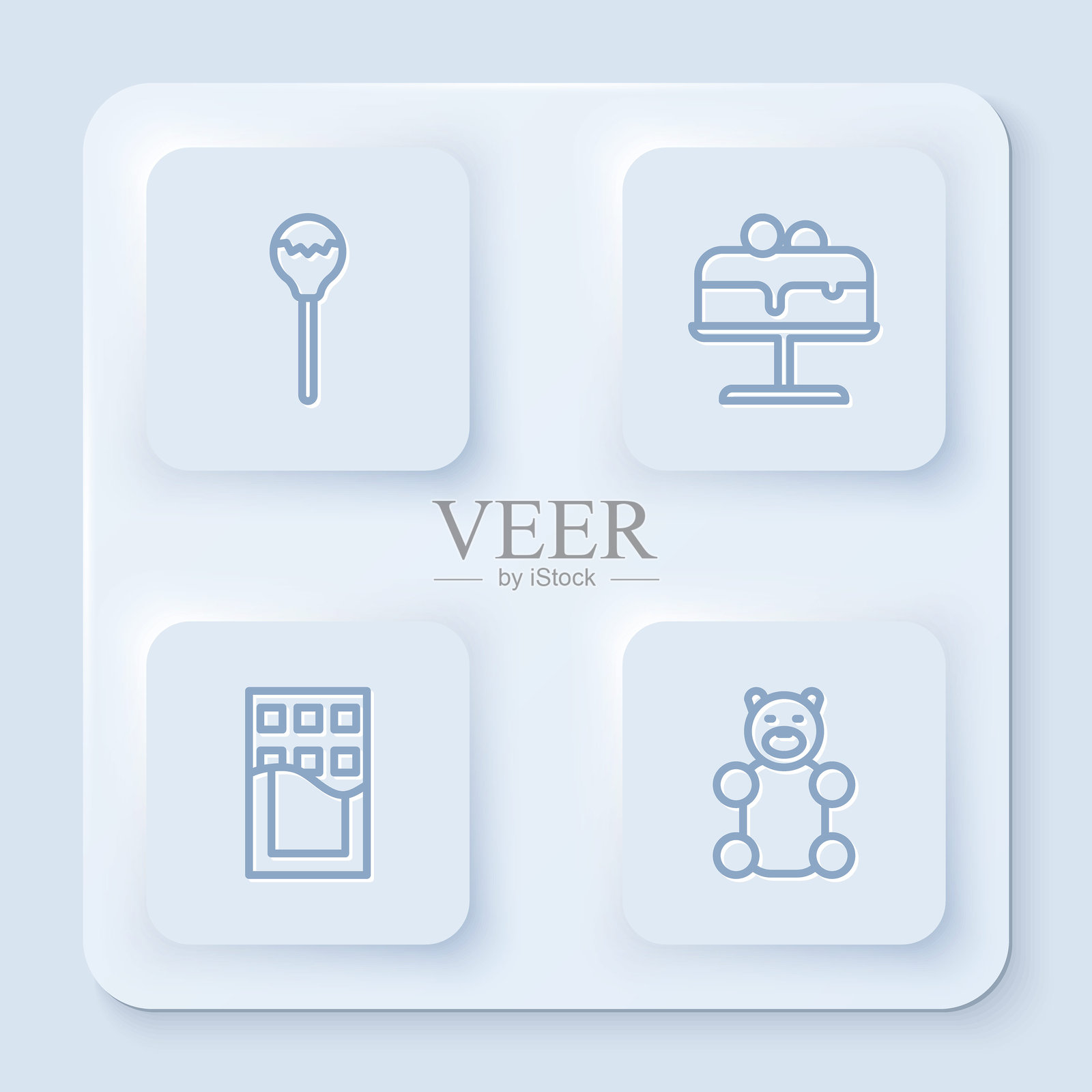 棒棒糖、盘子上的蛋糕、巧克力棒和果冻熊糖果。白色方形按钮。矢量图。插画图片素材