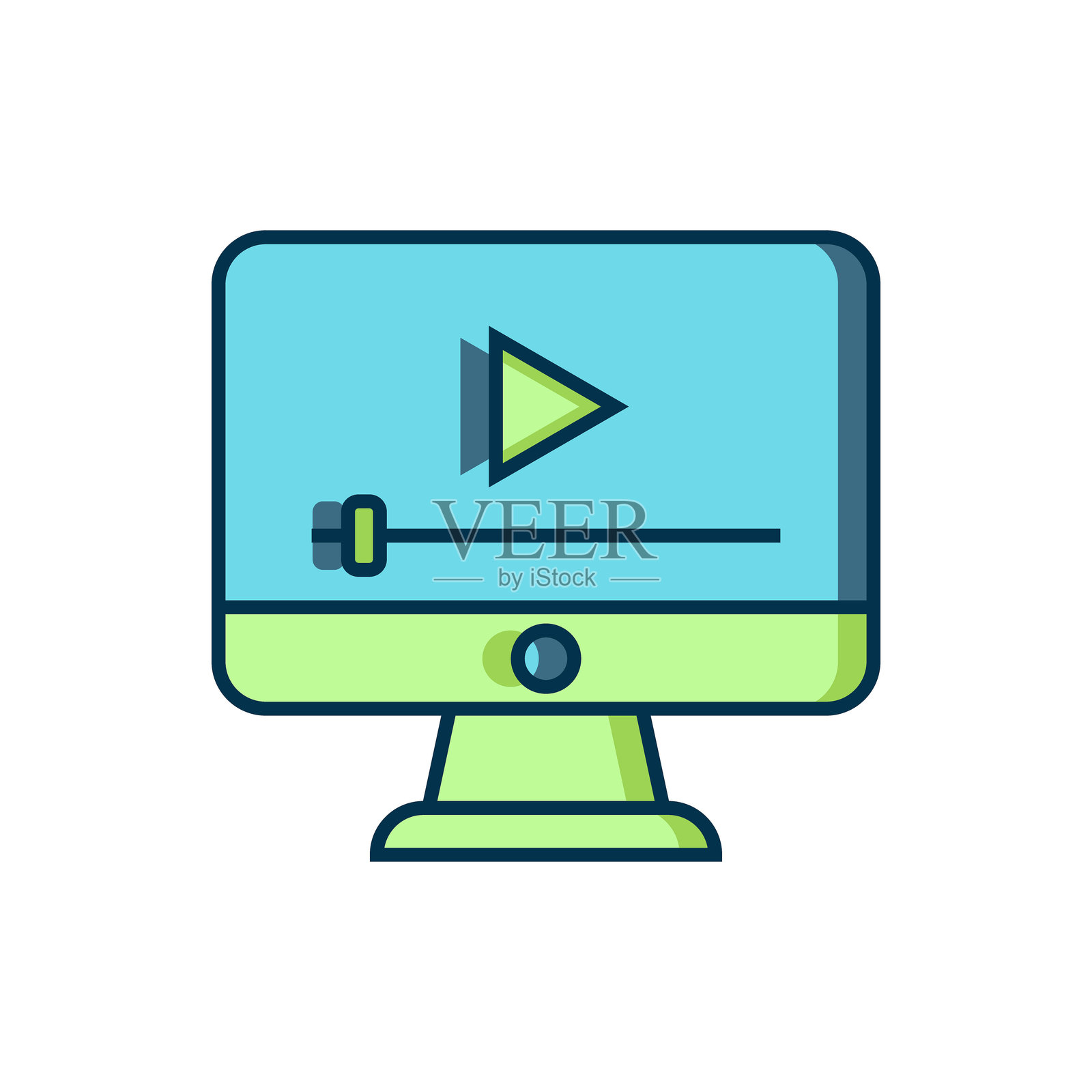 填充轮廓的在线播放视频图标,背景为白色。带播放标志的胶卷。扁平填充轮廓风格,带阴影。矢量图。插画图片素材