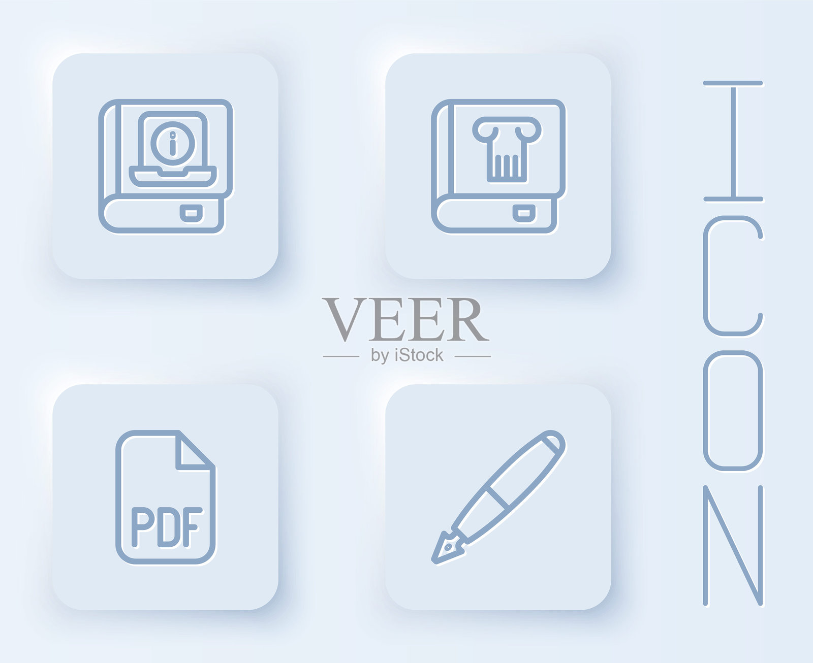 用户手册、历史书籍、PDF文件文档和钢笔笔尖。白色方形按钮。矢量图。插画图片素材