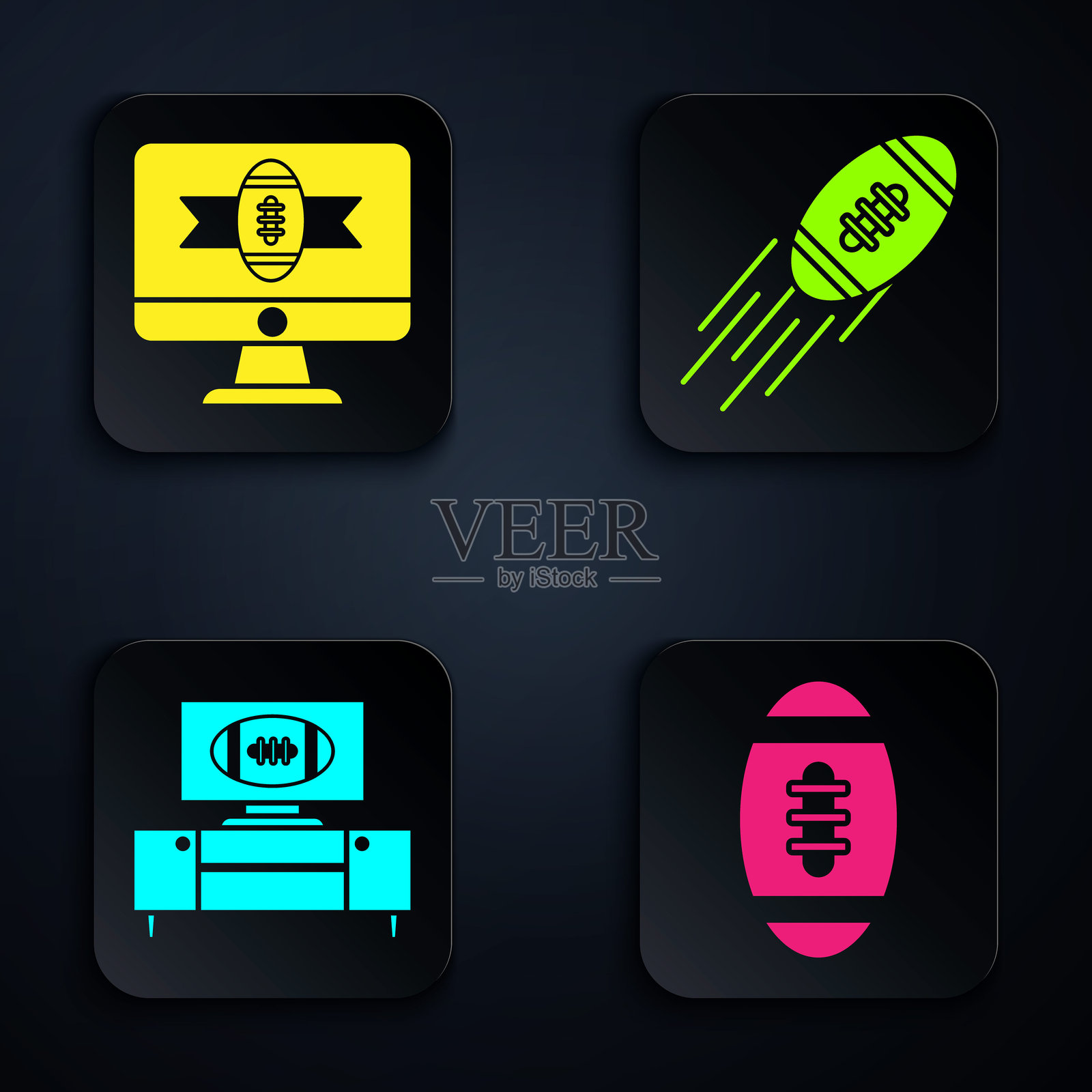 美式足球、电视节目中的美式足球、电视节目中的美式足球和支架以及美式足球。黑色方形按钮。矢量图。插画图片素材