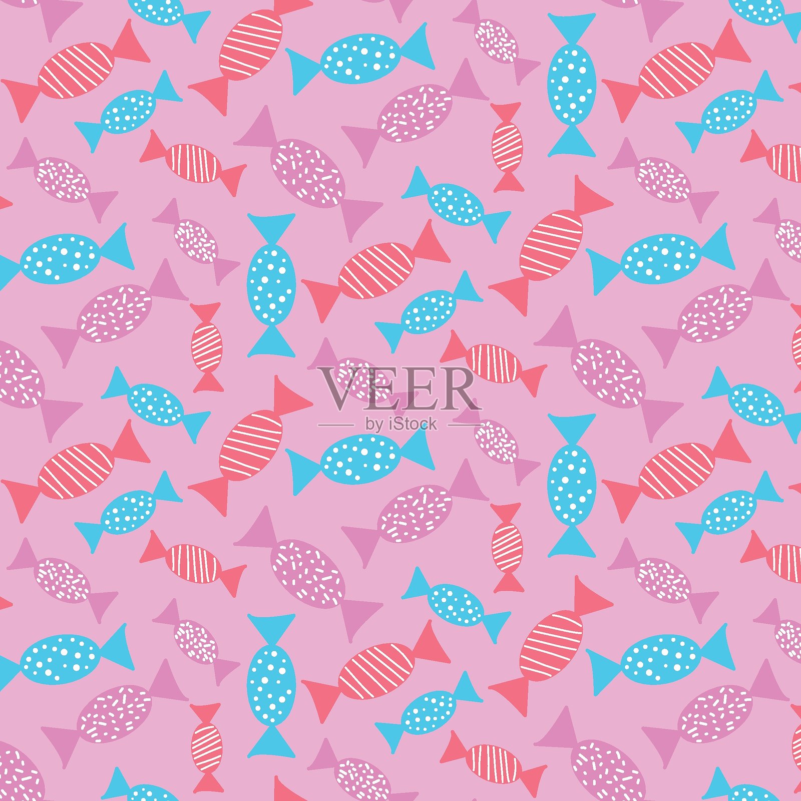 彩色无缝糖果包装纸图案,背景为柔和粉色插画图片素材