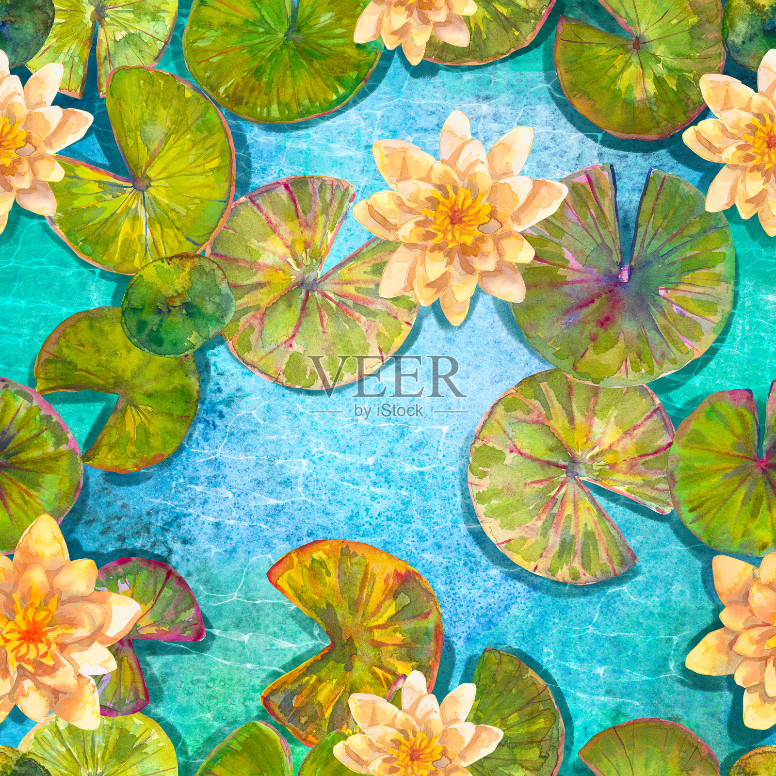 水莲花。粉色荷花。水彩手绘无缝图案。插画图片素材