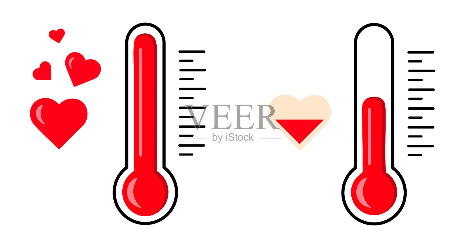 一组可爱的卡通风格爱情温度计。带有红色刻度、线条和心形图案的爱情温度计矢量插图,背景为白色。测量爱情。爱情刻度。情人节。插画图片素材