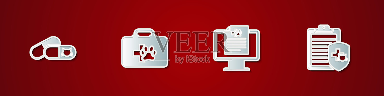 猫和药丸,宠物急救包,监控器上的临床记录和图标。矢量图。插画图片素材